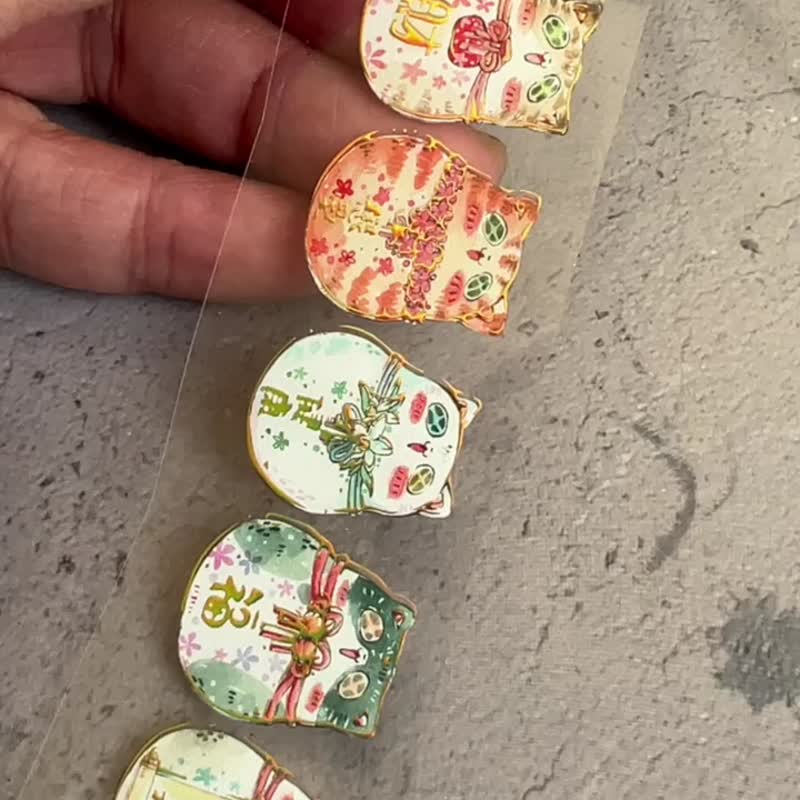 達摩貓亮面PET膠帶/燙立體雷射金/自帶離型紙 - 紙膠帶/和紙/PET - 塑膠 金色