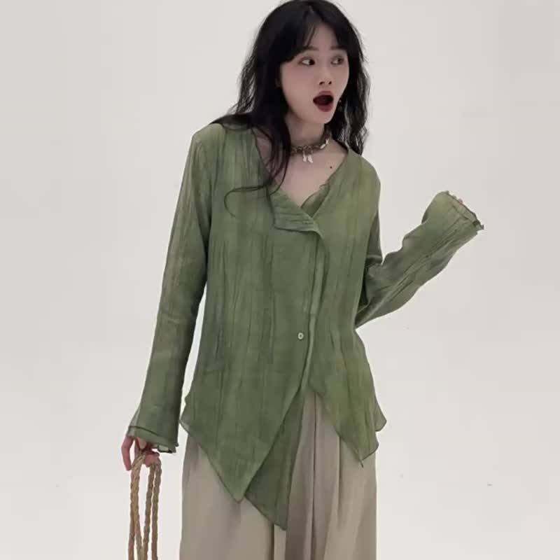 3顔色 美術生不規則清冷防曬開衫 文藝復古休閒百搭長袖上衣 - 女上衣/長袖上衣 - 棉．麻 綠色