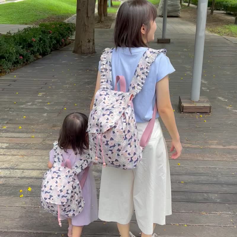 旅行手作親子包 紫晴山茶花美型後揹包 兒童背包 - 親子裝 - 棉．麻 紫色