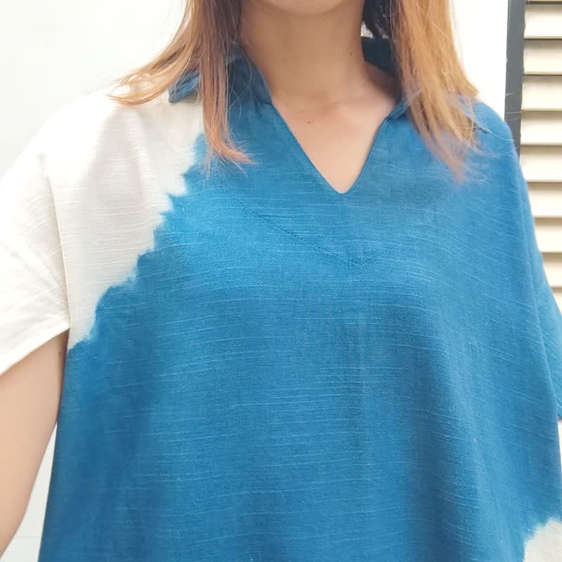 Mumu Dress - 紮染白色圓形圖案襯衫領中長連身裙 - 洋裝/連身裙 - 棉．麻 藍色