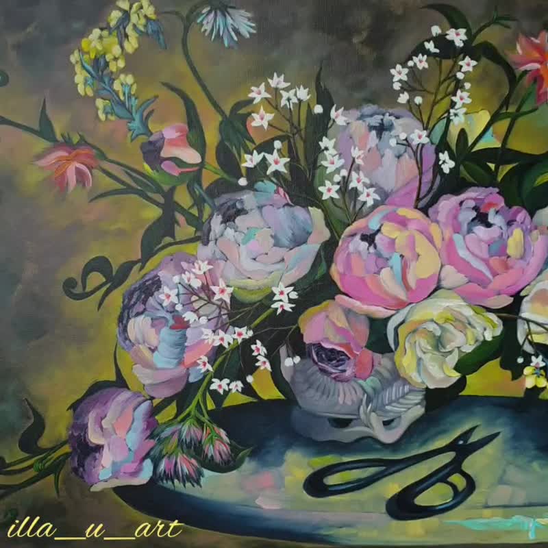 Peony Painting Bouquet Art Still Life Artwork Large Wall Art Canvas Oil Painting - โปสเตอร์ - ผ้าฝ้าย/ผ้าลินิน หลากหลายสี