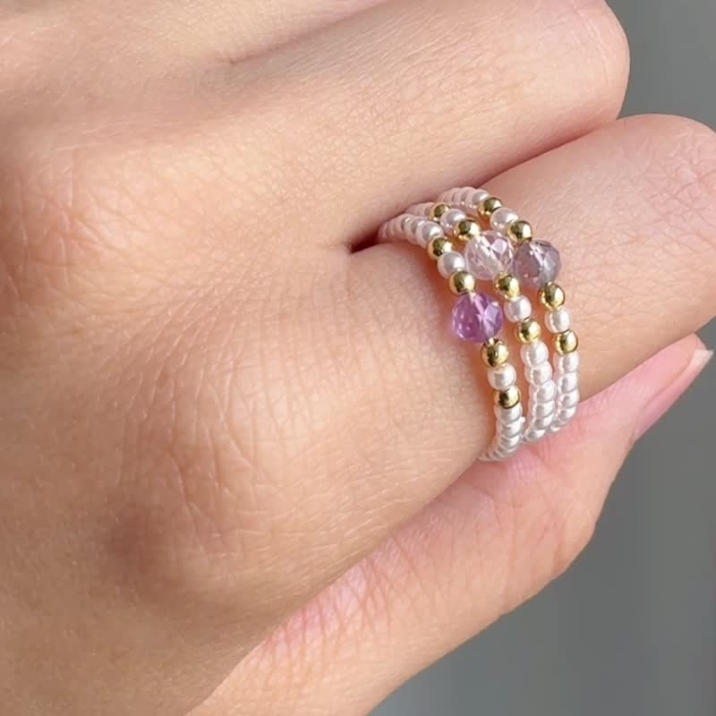 Original handmade imitation pearl natural stone open adjustable beaded ring gift for besties and sisters - แหวนทั่วไป - วัสดุอื่นๆ ขาว