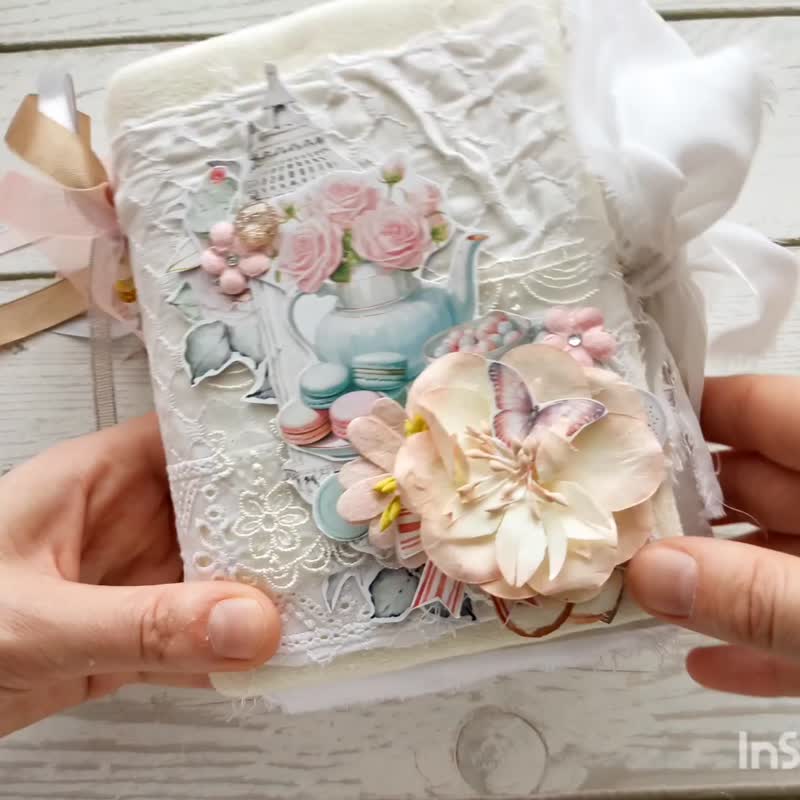 Extra lace beige floral junk journal handmade White garden teapot notebook - 筆記本/手帳 - 紙 白色