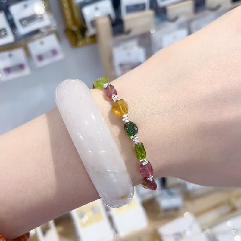 天然彩色碧璽原礦實心三連結碎銀馬蹄扣隨意扣強能量財富人緣 - 手鍊/手環 - 水晶 多色
