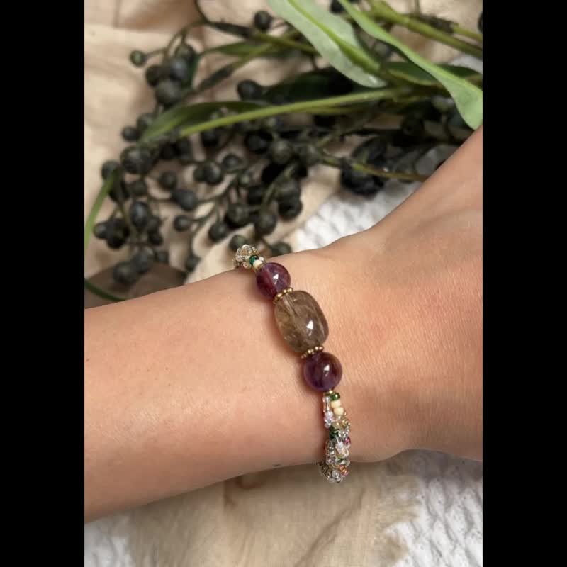 綠髮晶 紫幽靈 玻璃米珠x天然石 串珠手鏈 - 手鍊/手環 - 水晶 綠色