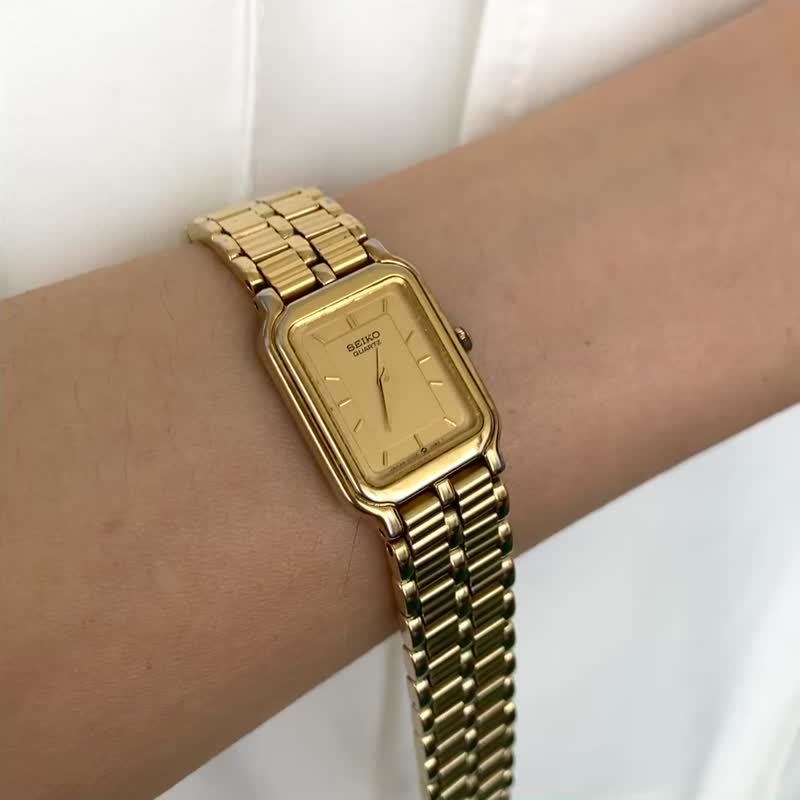 SEIKO 金色 微立體長方形錶盤設計 特製錶帶 古董錶 vintage - 女裝錶 - 其他金屬 金色