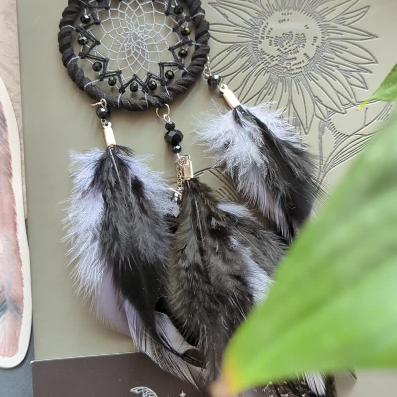 Handmade Small Black and Gray Dreamcatcher | Car Mirror Charm| นักล่าฝัน - Wall Décor - Thread Black