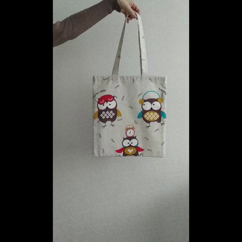 Strong reusable grey tote bag, cotton canvas bag with owls - กระเป๋าถือ - ผ้าฝ้าย/ผ้าลินิน สีเงิน