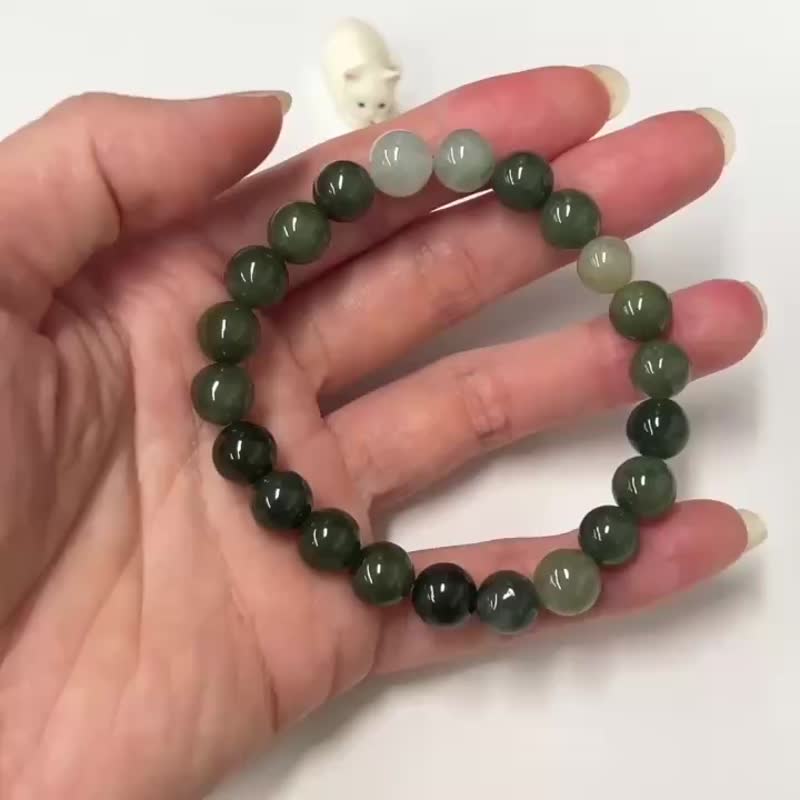 //財富//吉祥//老油青糯化翡翠手串-緬甸天然A貨翡翠 - 手鍊/手環 - 玉石 綠色