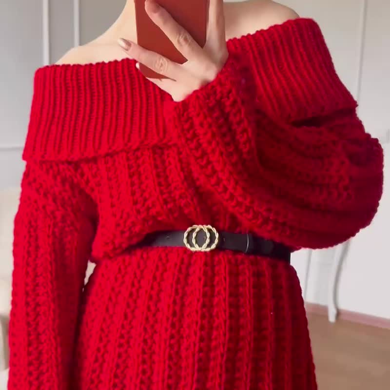 Red sweater Off the shoulder top Handmade sweater - 女毛衣/針織衫 - 羊毛 