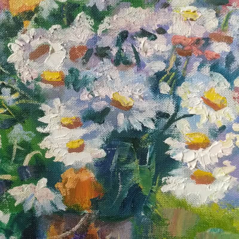 Flower Painting Daisy Original Art Floral Impressionism Artwork Oil Canvas 油畫原作 - โปสเตอร์ - วัสดุอื่นๆ 