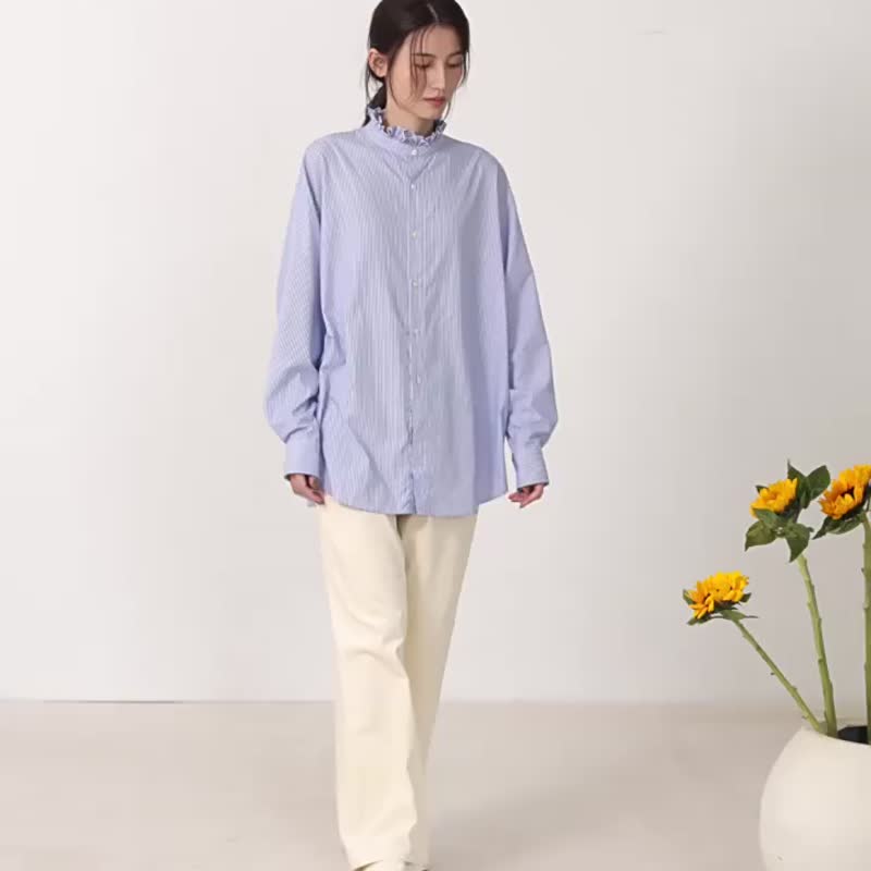 藍色條紋 2色 巨百搭 秋冬木耳邊純色長袖襯衫 簡約通勤內搭衫 - 女襯衫 - 棉．麻 藍色