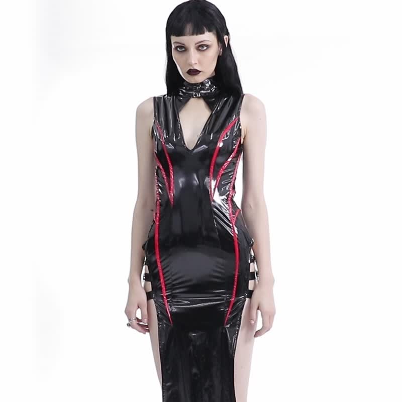 Punk Robot Slit Shiny Leather Dress - Black/Red - Shop PUNK