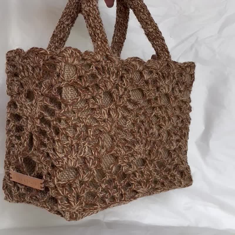 Natural Linen and linen blended handmade crocheted zipper handbag box bag tote bag - Handbags & Totes - Cotton & Hemp Brown