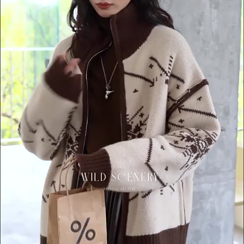 栗棕色 聖誕結 兩面穿 600g加厚100%羊毛針織外套 雪花提花毛衣 - 女毛衣/針織衫 - 羊毛 咖啡色