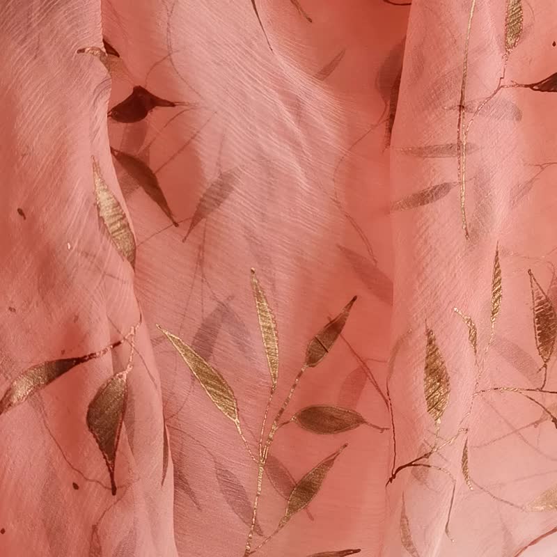 Silk Chiffon Scarf with Copper Metallic Leaves, Salmon Hand Painted Shawl - Scarves - Silk Pink