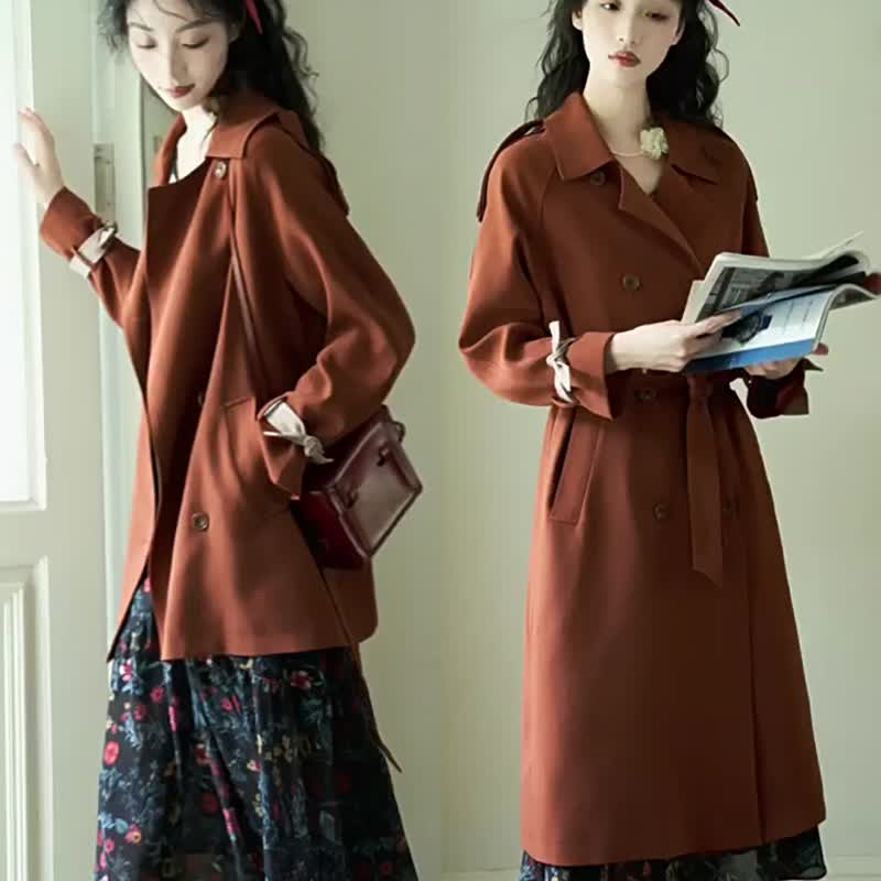 Color contrast sleeve loop short long trench coat - Women's Blazers & Trench Coats - Other Materials Red