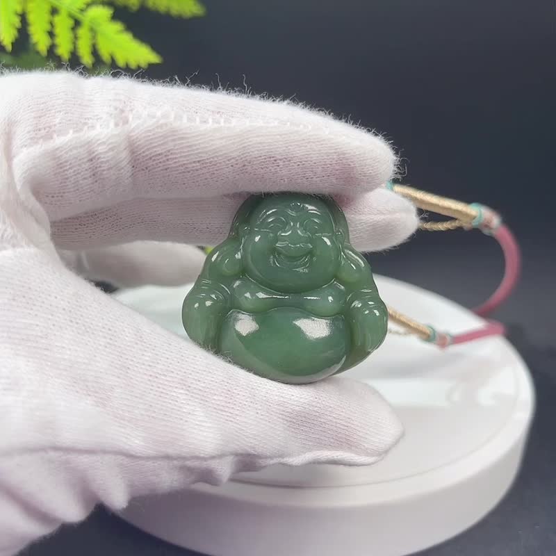 和田玉碧玉大肚笑佛佛公吊墜 老料手雕綠色玉項錬 質地高油細潤 - 項鍊 - 玉石 綠色