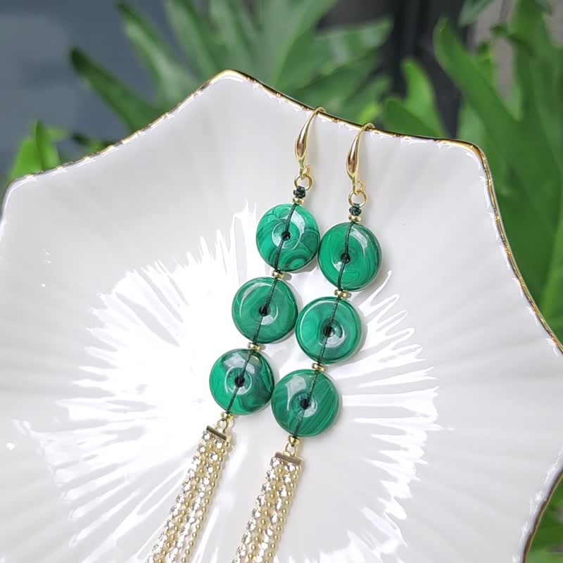 Top-quality Stone ancient coins, three yuan and third wealth gold tassels, rich and expensive large Gemstone earrings - ต่างหู - เครื่องเพชรพลอย สีเขียว