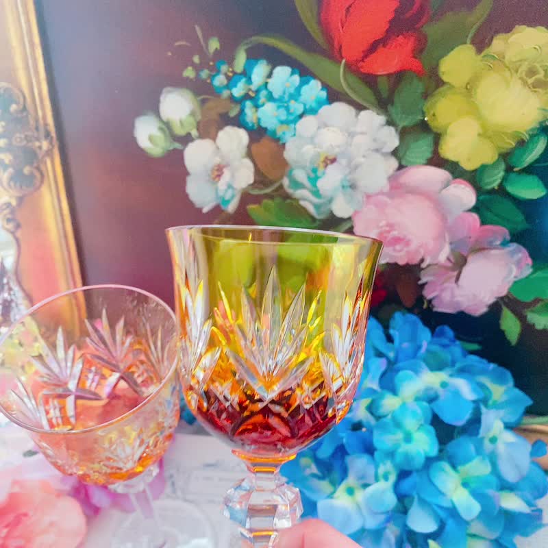 法國手工切割橘色古董水晶杯 酒杯 白酒杯 果汁杯 古董杯一隻 - 酒杯/酒器 - 水晶 金色