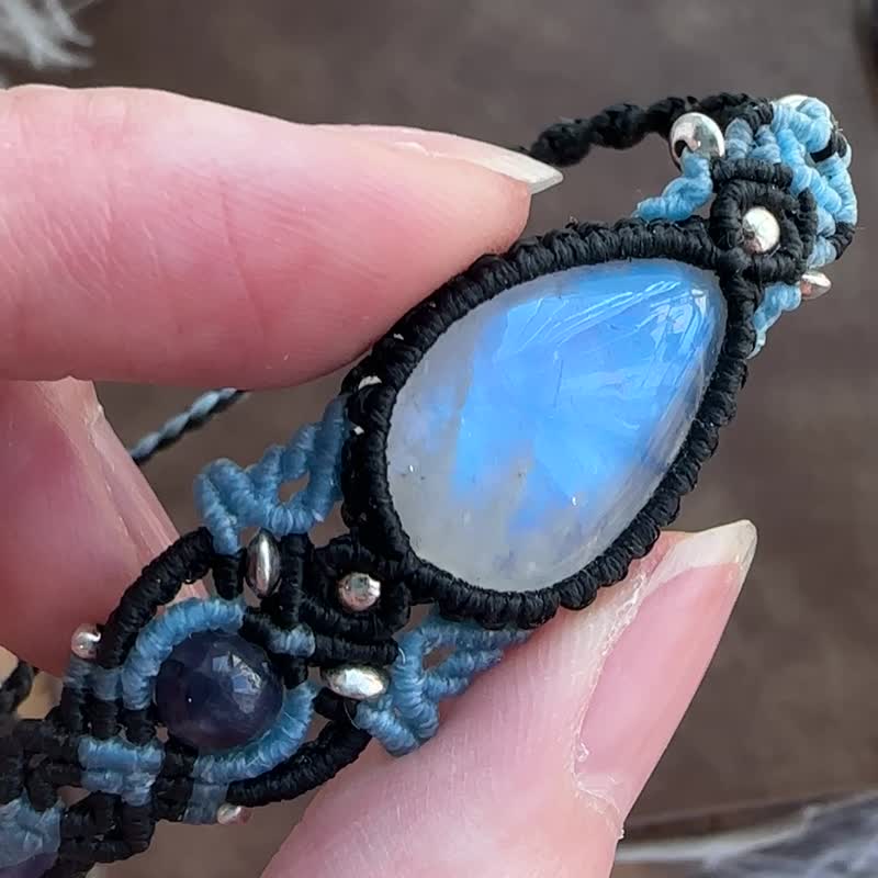 Gemstone Bracelets Black - H206 Ethnic style Wax thread woven moonstone Silver bracelet (adjustable length)