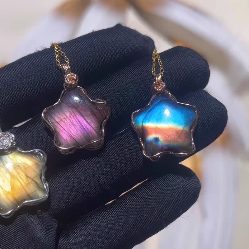 純手工進口14K包金繞線彩色拉長石星星玫瑰花吊墜 - 項鍊 - 寶石 多色
