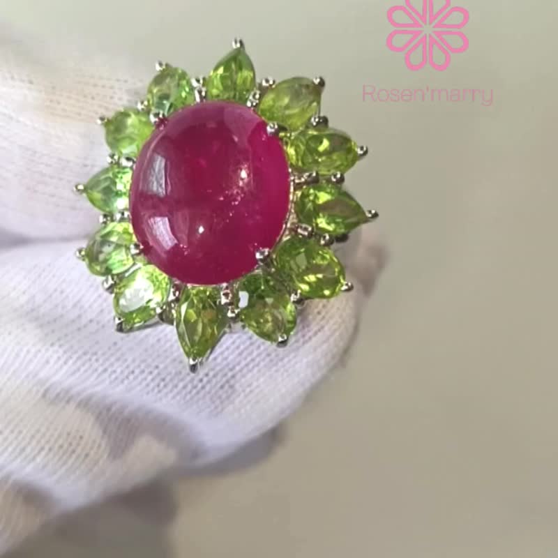 Natural Ruby and Peridot 30 Cts Ring Sterling Silver 925 With Whitegold Plated. - 戒指 - 純銀 紅色