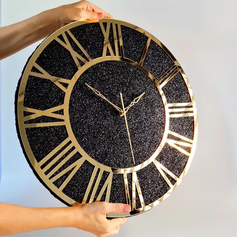 Large black wall clock 50 cm Golden dial Handmade art clock Silent wall clock - Clocks - Other Materials Black