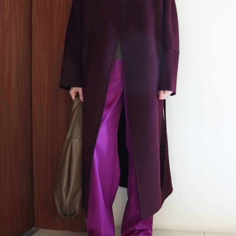 瑪薩拉紫酒紅手縫極簡雙層喀什米爾羊毛綁帶大衣 內文有完整影片 - 女大衣/外套 - 羊毛 