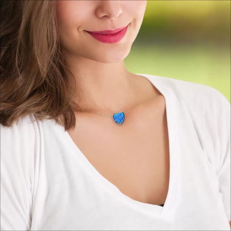 Love Heart Clavicle Necklace Silver Sideways Opal Pendant Thin Chain Gift Wrap - Collar Necklaces - Sterling Silver Blue