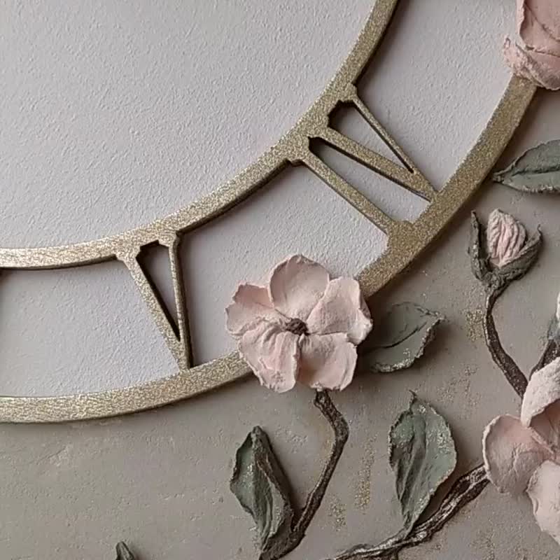 挂钟与樱花 Nursery white gray wall clock with sakura Silent clock BIRTHDAY GIFT - 兒童家具 - 木頭 灰色