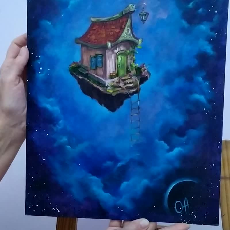 油畫。太空中的房子。孩子用望遠鏡。太空旅行。 - 海報/掛畫/掛布 - 紙 藍色