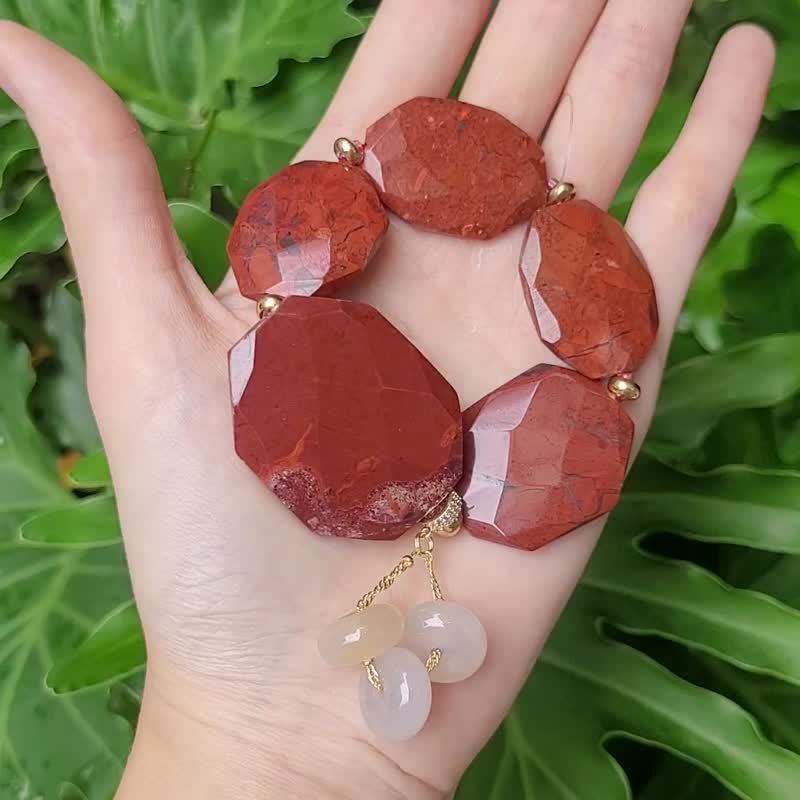 稀有紅花瑪瑙 玉瓍 古錢 招財 事業 成功 大寶石手鍊 單品 禮物 - 手鍊/手環 - 寶石 紅色