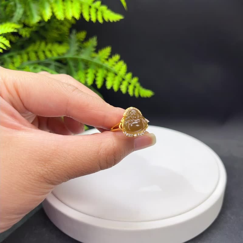 和田玉糖料活口戒指 S925 銀鍍金 大肚笑佛佛公 質地油潤 - 戒指 - 玉石 