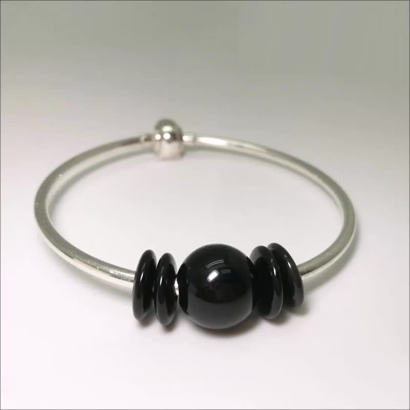 Black Tourmaline Pendant Silver Bangle Precious Stones Rondelle Beads Pendant - Bracelets - Sterling Silver Black