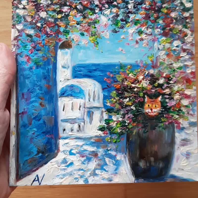 聖托裡尼貓咪 原創油畫 3D 厚塗 希臘島嶼藝術 - 牆貼/牆身裝飾 - 紙 