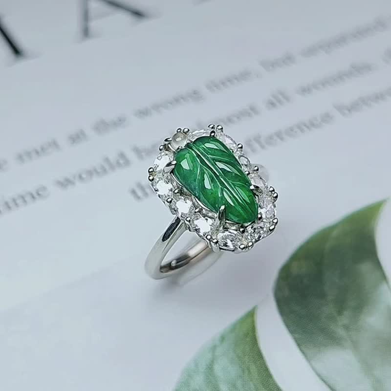 |Get rich overnight|A-grade jade ice glass green big leaf sterling silver Xiaohao inlaid simple ring - General Rings - Jade 