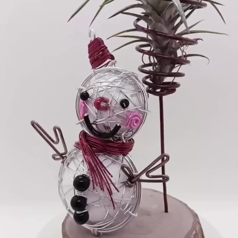 雪だるまエアプランツホルダー アルミワイヤー手作り 飾り台 楠木台座 完成品/DIY材料キット - 花瓶・植木鉢 - 金属 シルバー