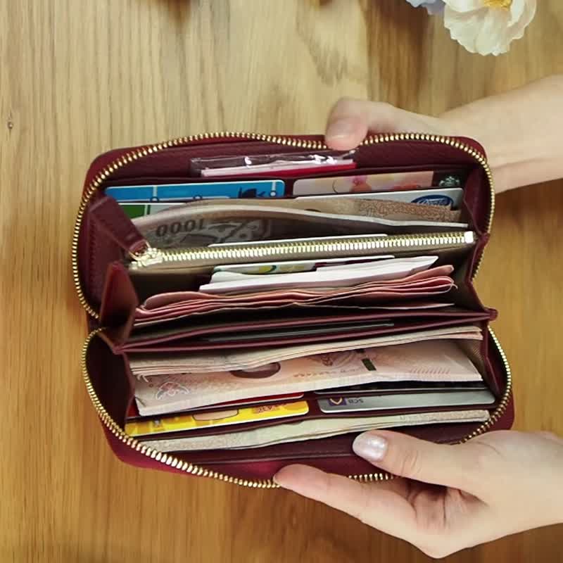 DOLLAR (Burgundy) : Zip around long wallet, cow leather, Dark red wallet - กระเป๋าสตางค์ - หนังแท้ สีแดง