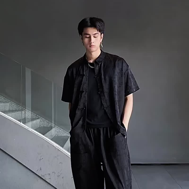 夏季新中式盤扣短袖襯衫  男士提花國風襯衣 - 男襯衫/休閒襯衫 - 其他材質 黑色