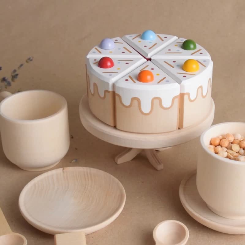 Wooden Tea Set Toddler with Rainbow Cake Toy for Wooden Play Kitchen Toy - 寶寶/兒童玩具/玩偶 - 木頭 粉紅色