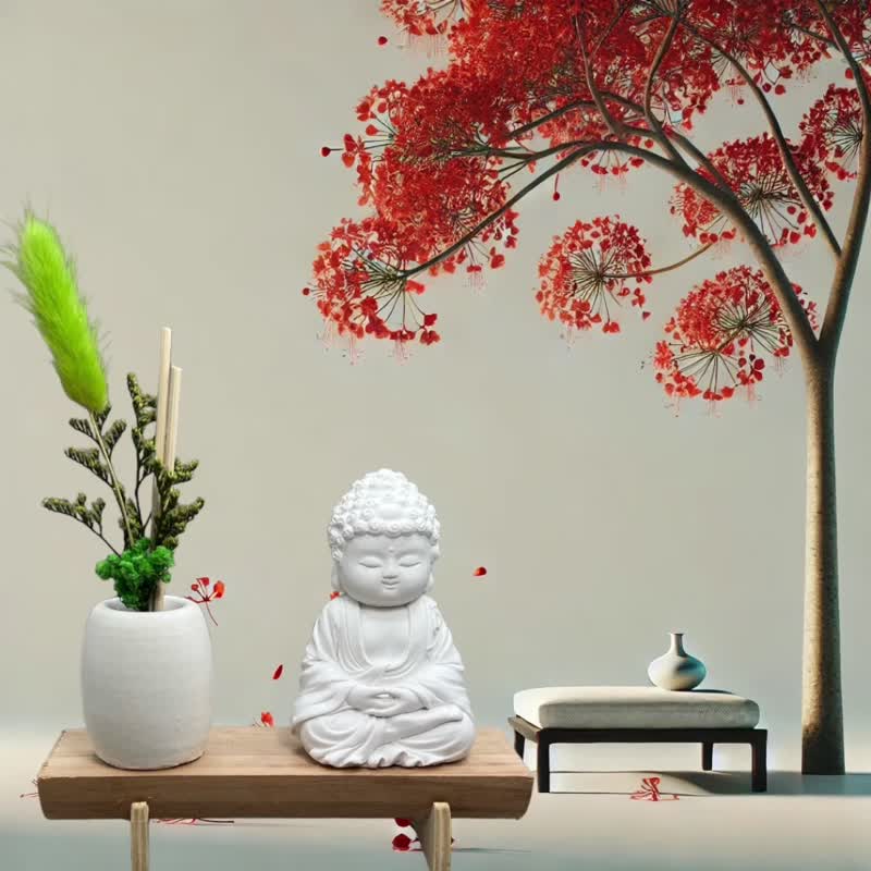 文青簡約風 淨念吉祥之育德小佛 原木底座系列 搭配永生花擴香瓶 - 香氛/精油/擴香 - 水泥 白色