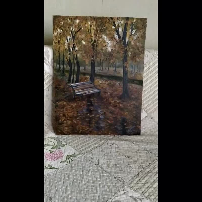 Fall trees painting Original Art National Park Landscape artwork Autumn bench - Posters - Other Materials Multicolor