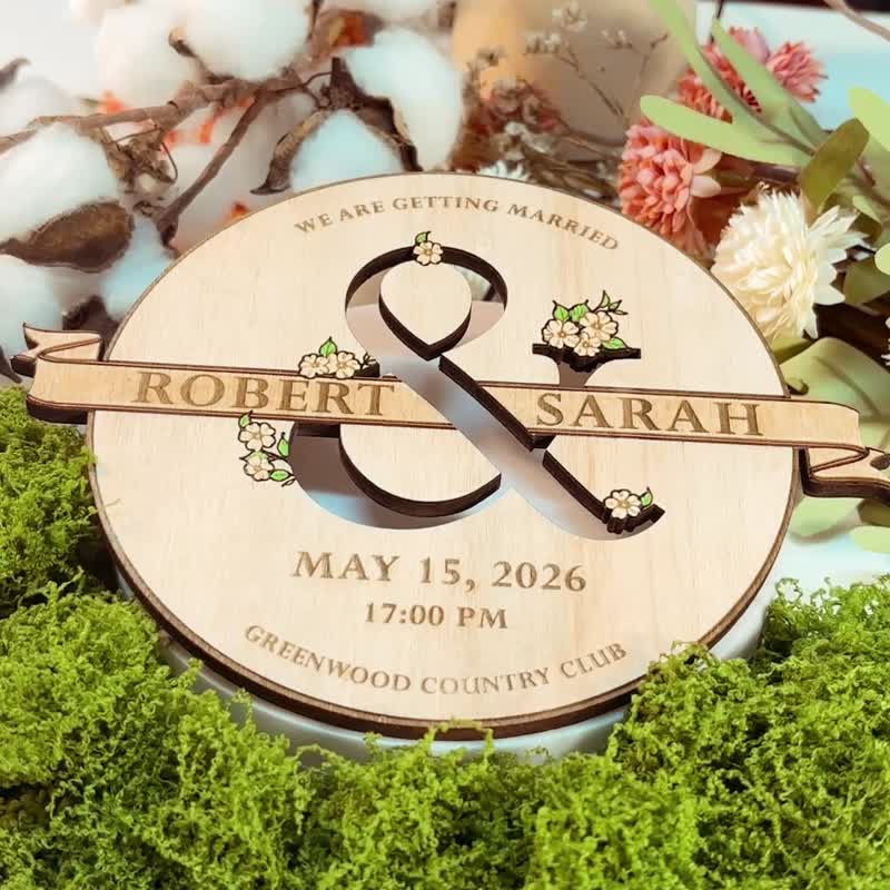 婚禮資訊木製標示牌 – 客製化新人姓名與細節 - 喜帖 - 木頭 