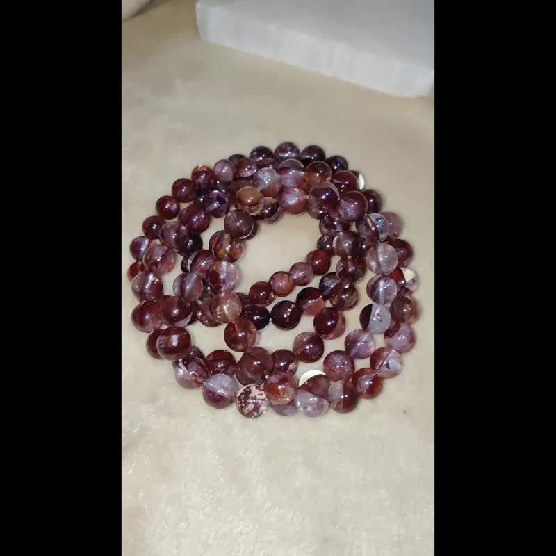 はち✨紫赤瑪瑙自然天珠 無限♾️ 深紅紅膠花Hematoid Quartz 手串手鍊天然水晶8mm 9mm Double W