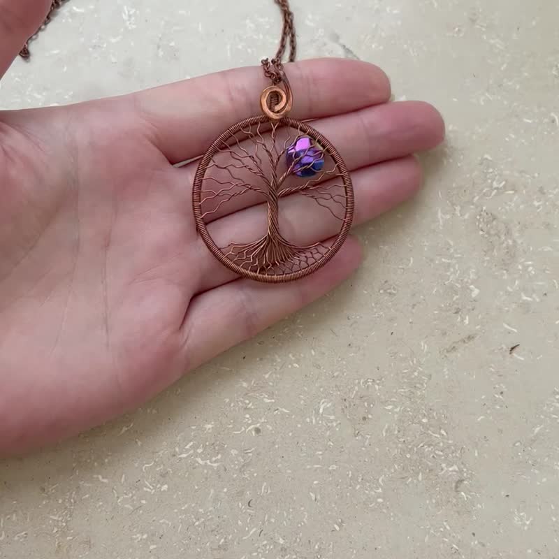 Copper Tree Of Life Pendant Good Luck Necklace Handmade Wire Wrapped Jewelry - 項鍊 - 半寶石 咖啡色