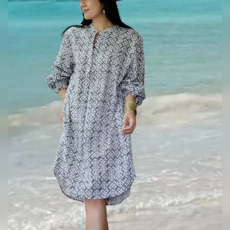 BINITA DRESS SHIRT INDIAN BLOCK PRINT COTTON (GREY) - 連身裙 - 棉．麻 灰色