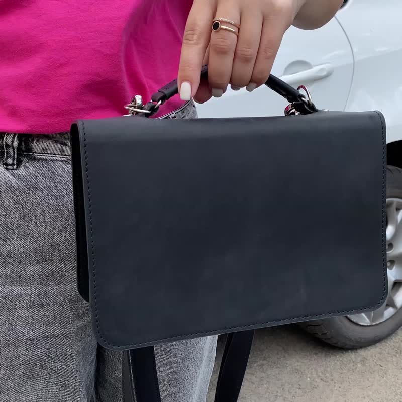 Leather Classic Mini Black Briefcase/ Leather Purse Portfolio Handbag/ Handmade - กระเป๋าแมสเซนเจอร์ - หนังแท้ สีดำ