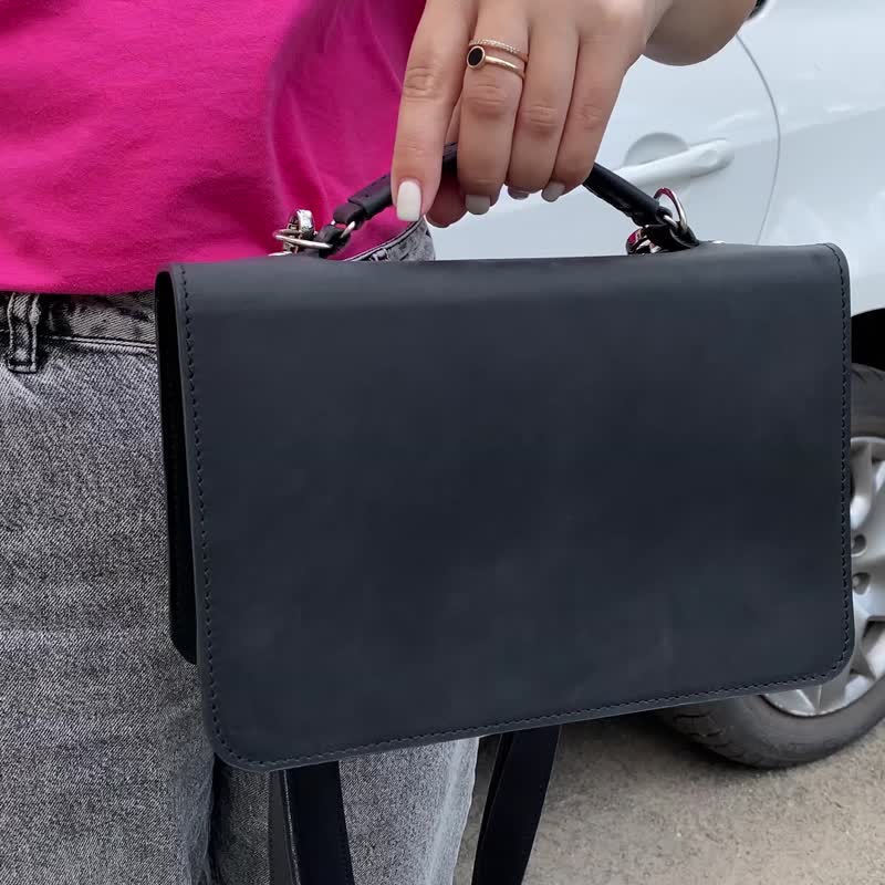 Leather Classic Mini Black Briefcase/ Leather Purse/ Office Top Handle Handbag - 側背包/斜背包 - 真皮 黑色