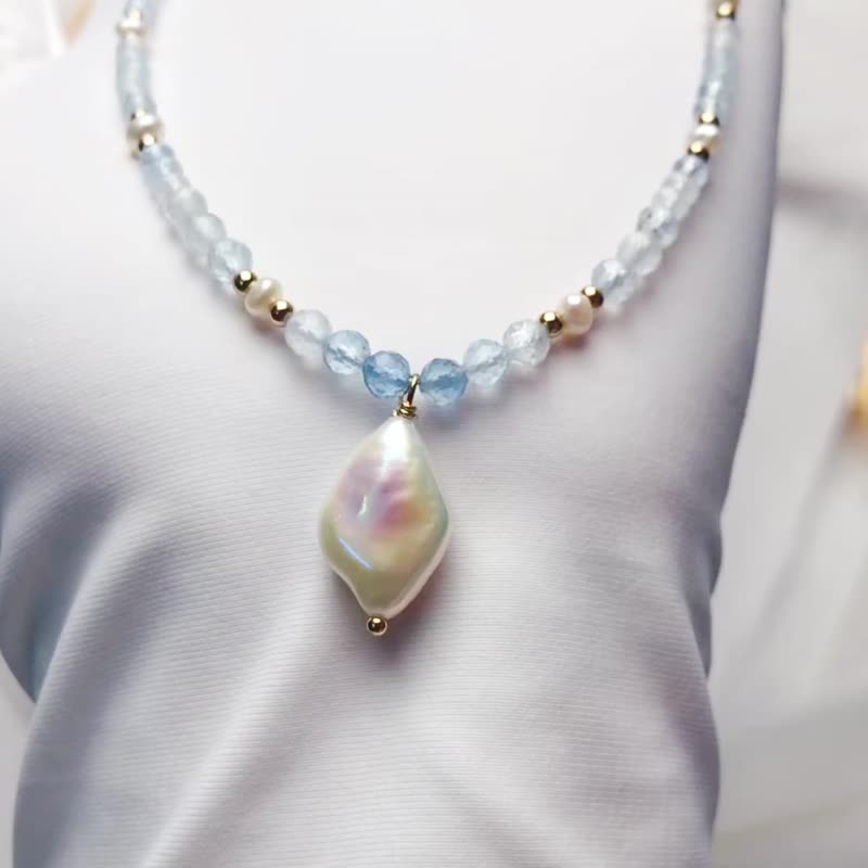 Pure Handmade 14K Bag Gold Natural Aquamarine Pearl Necklace Adjustable length - Necklaces - Gemstone Multicolor